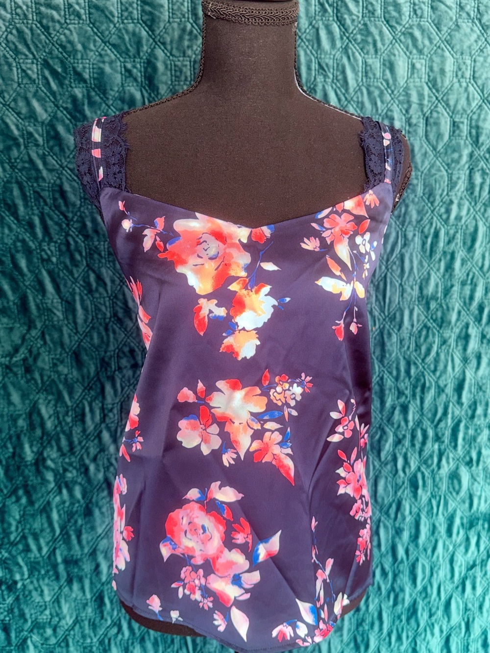 Laundry By Shelli Segal Navy Floral Satin Cami with Pink Accents